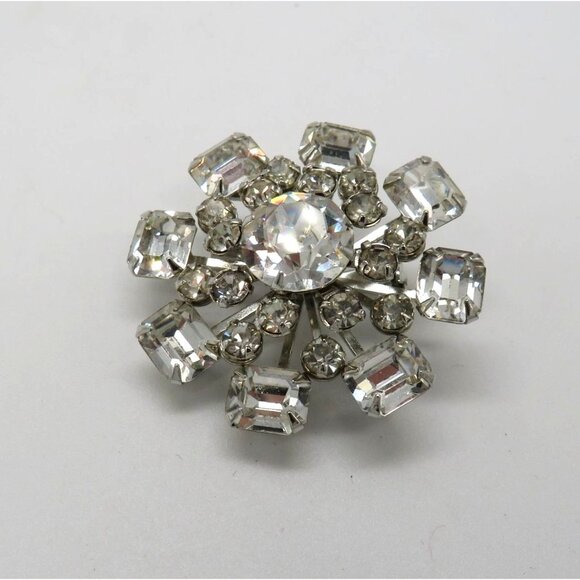 Vintage Rhinestone Brooch 1.5" Silver Tone Clear Round Square Stones Floral Pin - Picture 1 of 12